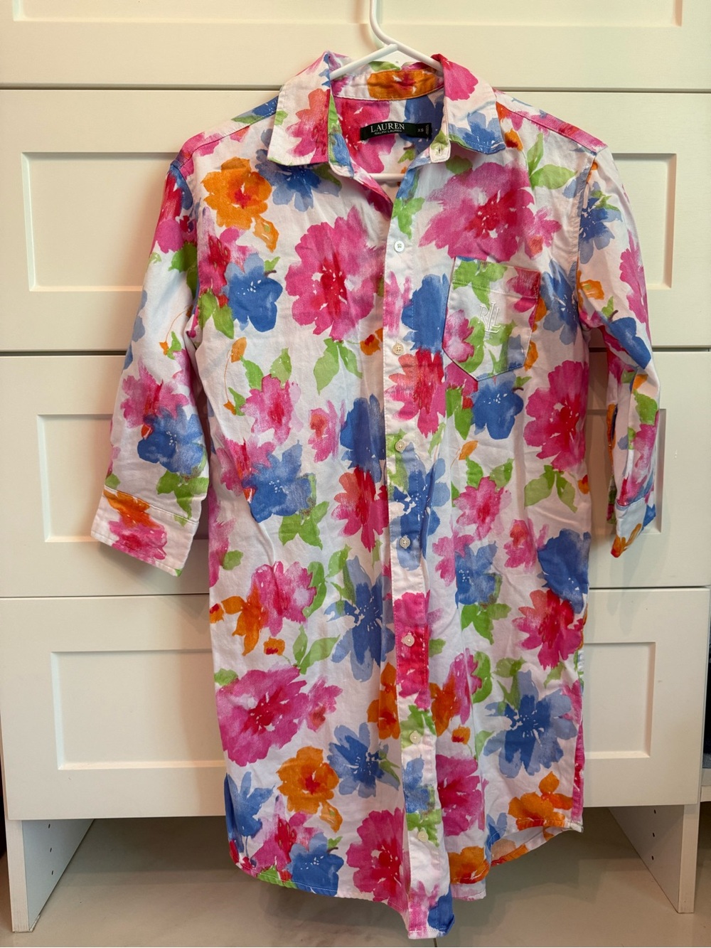 Ralph Lauren White Floral Button-Down Shirt Dress- Pink, Blue, Green, Orange
